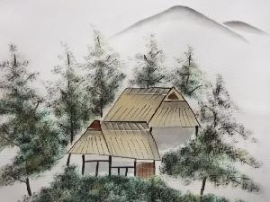 アンティーク　手描き遠山に家屋風景模様名古屋帯